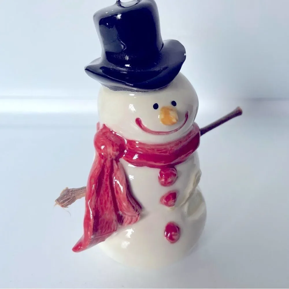 Glazed Ceramic Snowman Christmas Ornament 5” Real Stick Arms Top hat Cute Winter